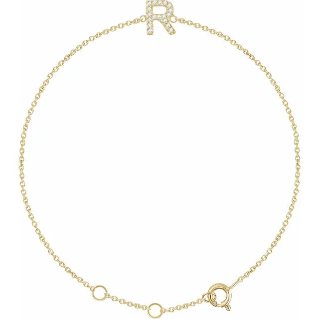 Delicate pavé diamond initial letter R bracelet in solid 14K yellow gold chain
