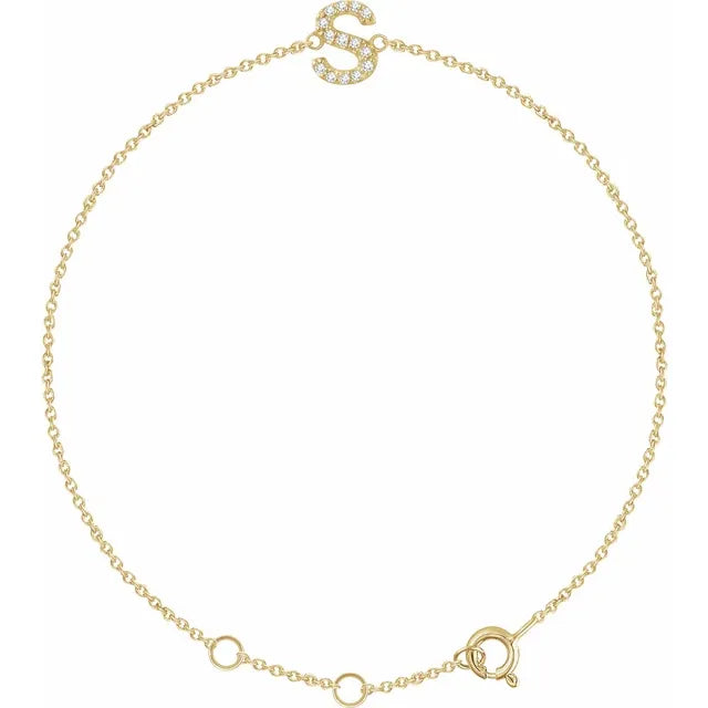 Delicate pavé diamond initial letter S bracelet in solid 14K yellow gold chain