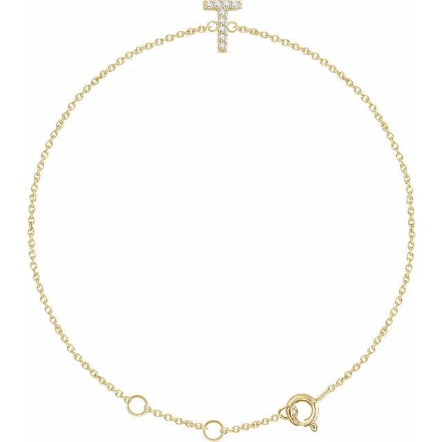 Delicate pavé diamond initial letter T bracelet in solid 14K yellow gold chain