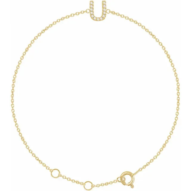 Delicate pavé diamond initial letter U bracelet in solid 14K yellow gold chain