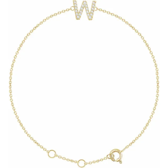 Delicate pavé diamond initial letter W bracelet in solid 14K yellow gold chain