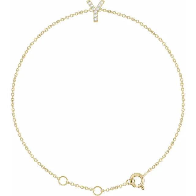 Delicate pavé diamond initial letter Y bracelet in solid 14K yellow gold chain