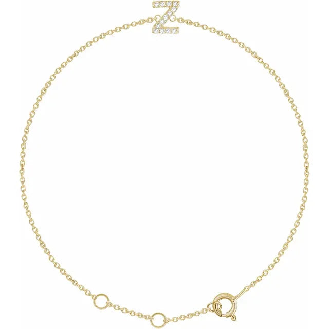 Delicate pavé diamond initial letter Z bracelet in solid 14K yellow gold chain