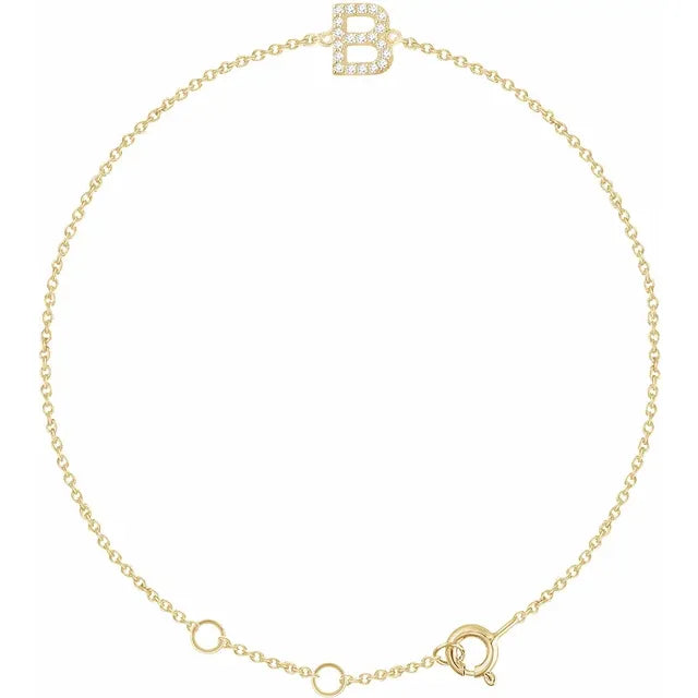 Delicate pavé diamond initial letter B bracelet in solid 14K yellow gold chain