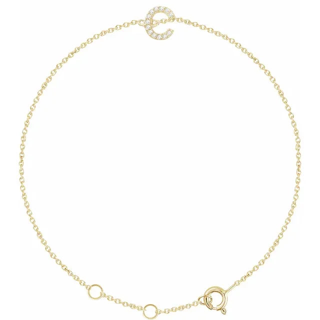 Delicate pavé diamond initial letter E bracelet in solid 14K yellow gold chain