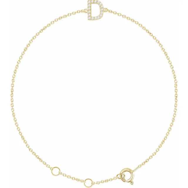 Delicate pavé diamond initial letter D bracelet in solid 14K yellow gold chain
