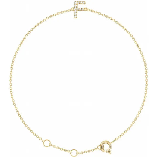 Delicate pavé diamond initial letter F bracelet in solid 14K yellow gold chain