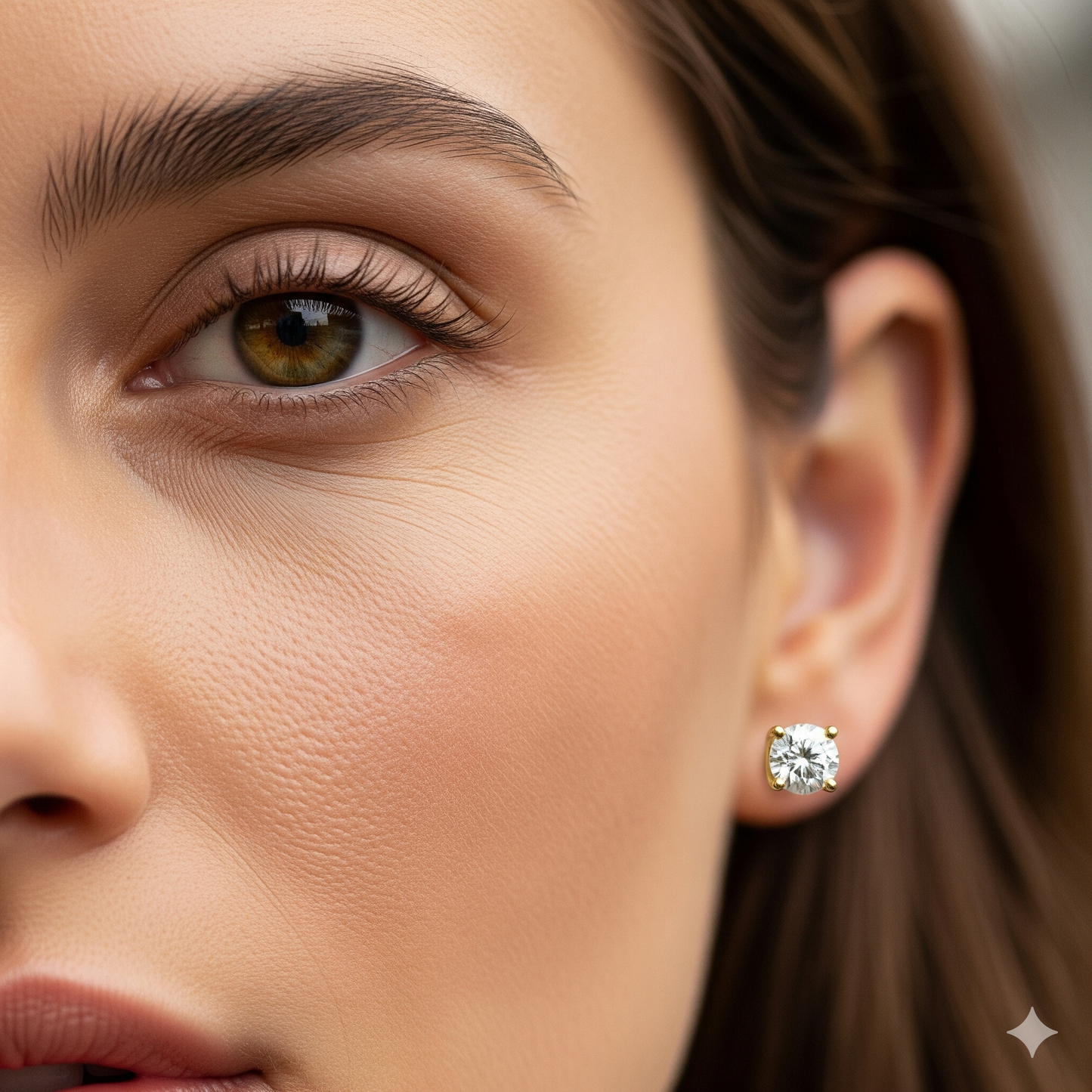 7) On-ear view of classic 4-prong diamond stud, ~1 ct each (2 ct tw) 