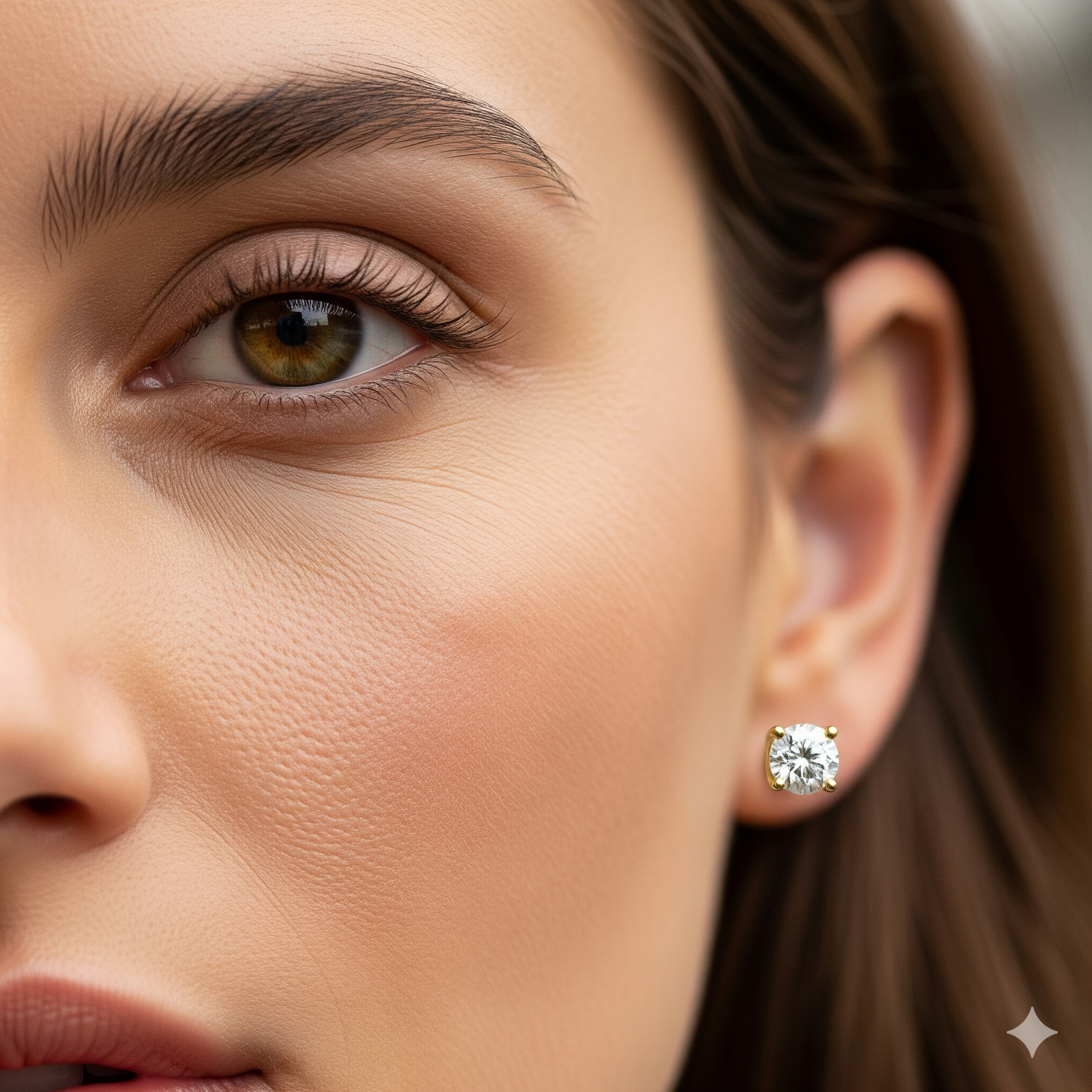 7) On-ear view of classic 4-prong diamond stud, ~1 ct each (2 ct tw) 