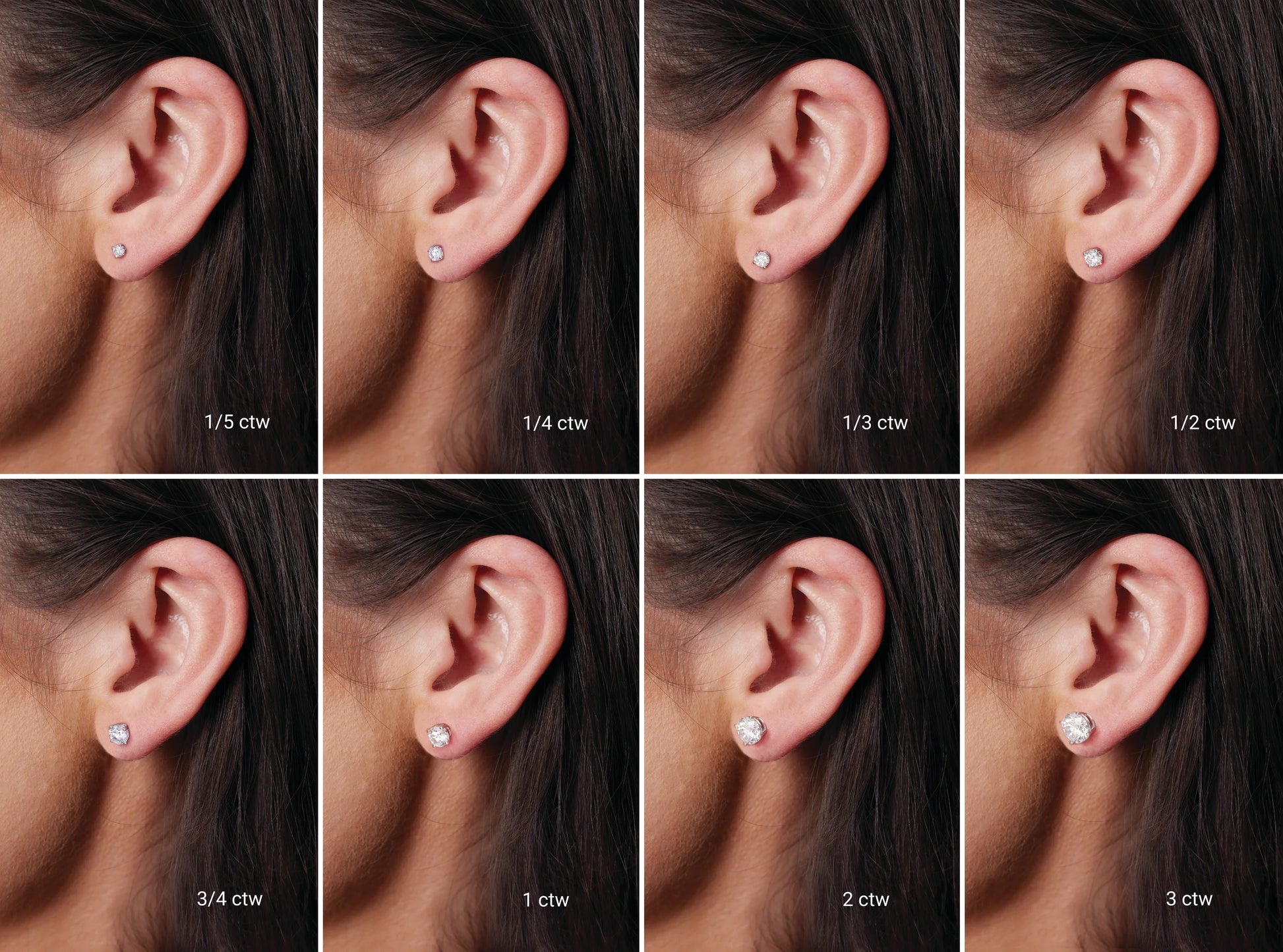 Picture of Model Wearing Diamond Stud earrings showing difference in diamond size