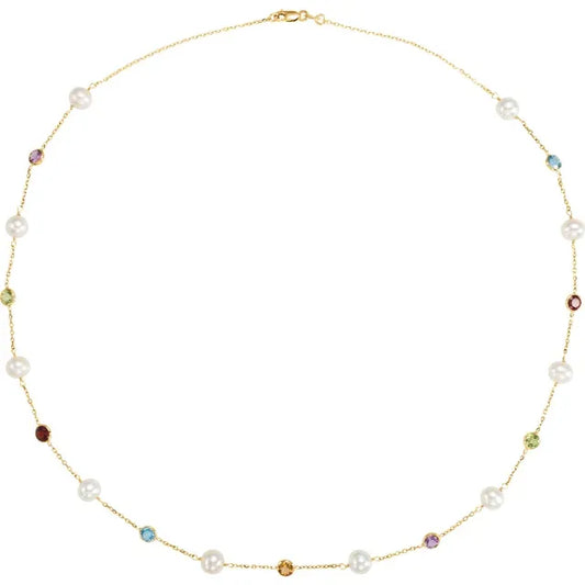 Multi-gemstone and freshwater pearl station necklace in 14K yellow gold with colorful gemstone accents