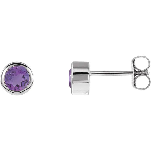 14K White gold Natural Amethyst Bezel-Set Earrings 