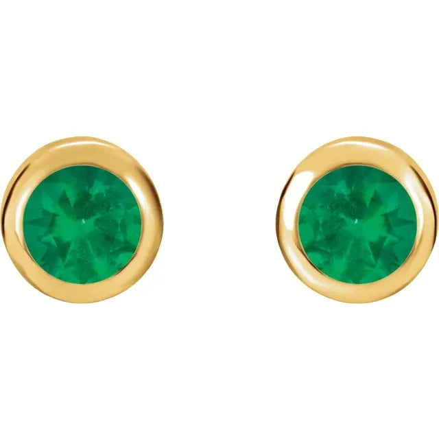 Yellow Gold Natural Emerald Bezel-Set Earrings