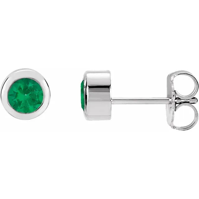 14K White gold or platinum Natural Emerald Bezel-Set Earrings