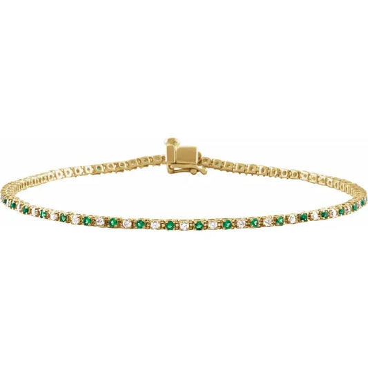 Natural Emerald & Diamond Tennis Bracelet set in yellow gold
