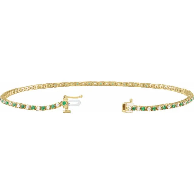 Open clasp Natural Emerald & Diamond Tennis Bracelet set in yellow gold 