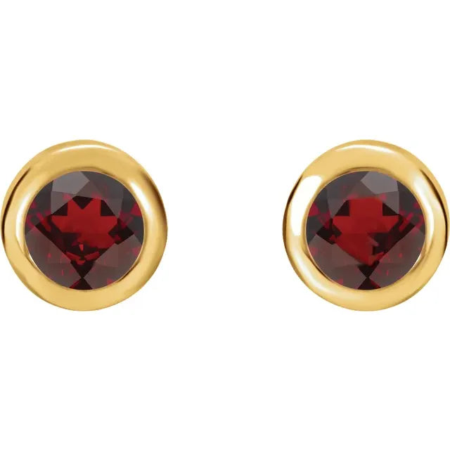 Yellow Gold  Natural Garnet Bezel-Set Earrings 