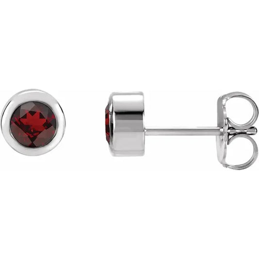 14K White gold  Natural Garnet Bezel-Set Earrings 