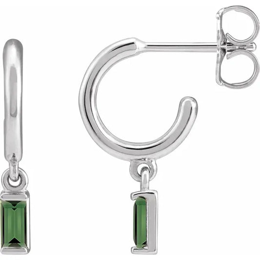 White Gold or platinum Natural Green Tourmaline Hoop Earrings