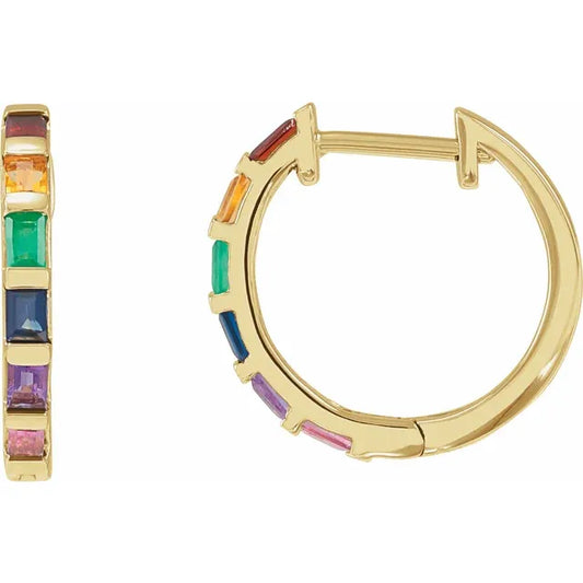 Yellow gold Natural Multi-Gemstone Rainbow Hoop Earrings 