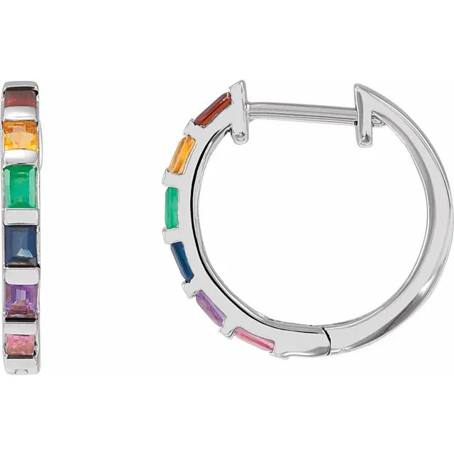 Natural Multi-Gemstone Rainbow Hoop Earrings 