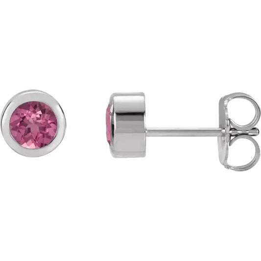 14K White gold or platinum Natural Pink Tourmaline Bezel-Set Earrings