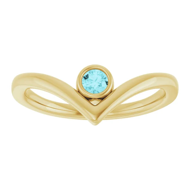 Yellow Gold Natural Blue Zircon Bezel-Set V Ring