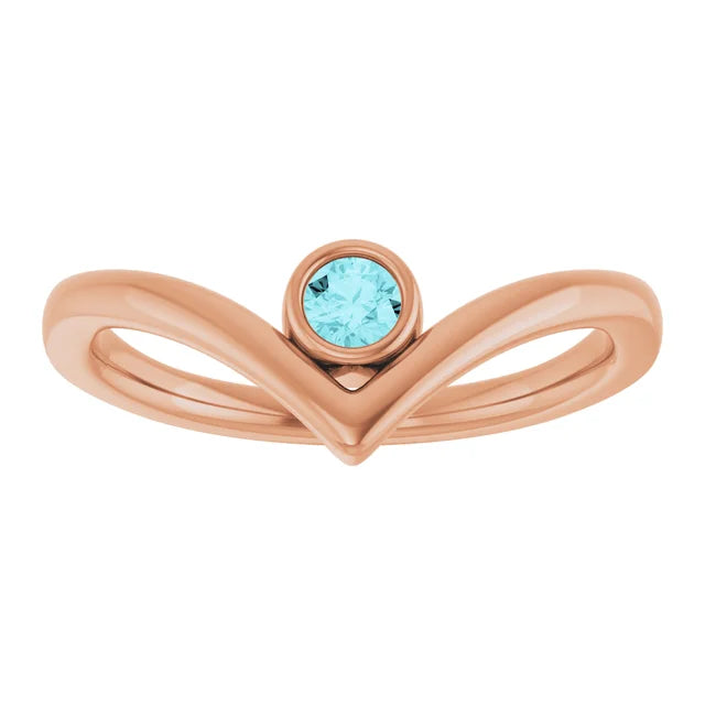 Rose Gold Natural Blue Zircon Bezel-Set V Ring