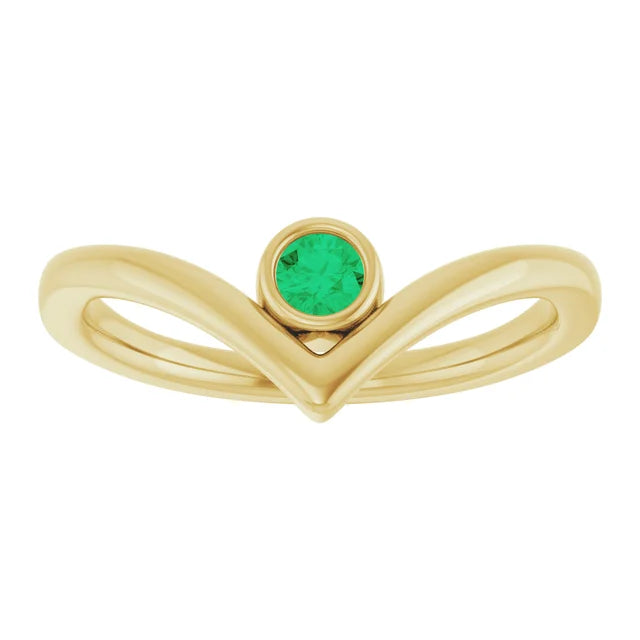 Yellow gold Natural Emerald Bezel-Set V Ring