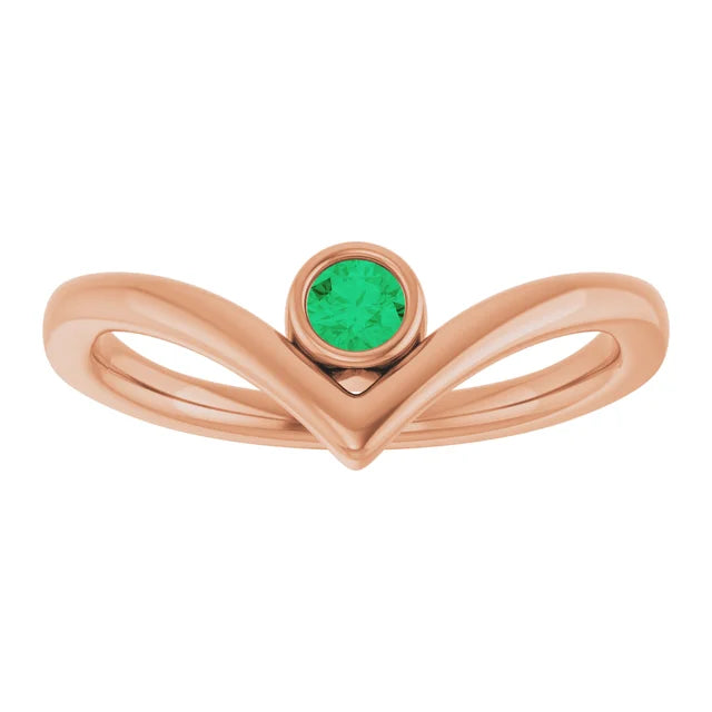 Rose Gold Natural Emerald Bezel-Set V Ring