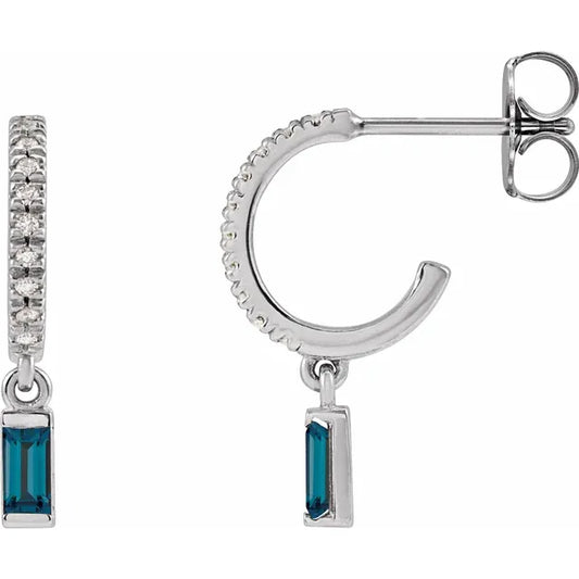 White Gold or platinum Natural London Blue Topaz & Natural Diamond French-Set Birthstone Hoop Earrings 