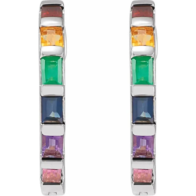 Natural Multi-Gemstone Rainbow Hoop Earrings 