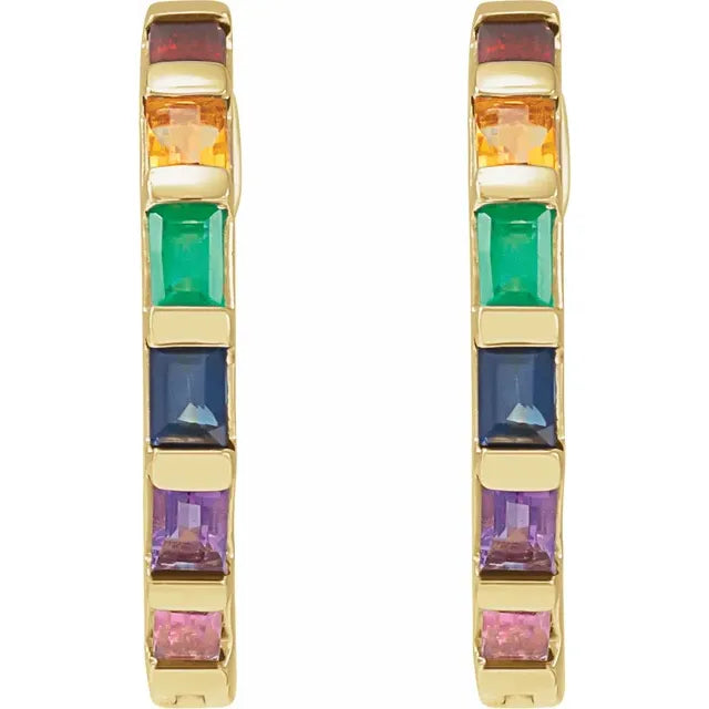 Gold hoop earrings with colorful gemstones on a white background