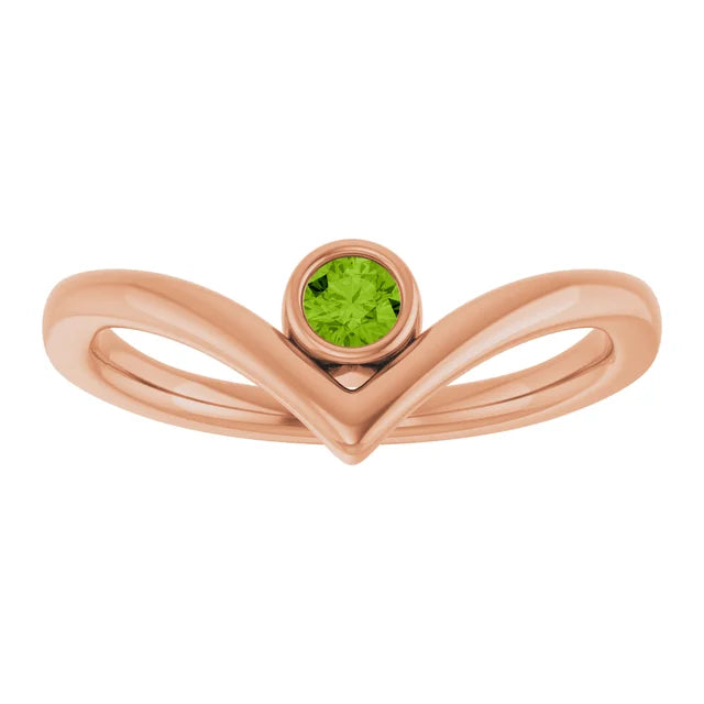 Rose Gold Natural Peridot Bezel-Set V Ring