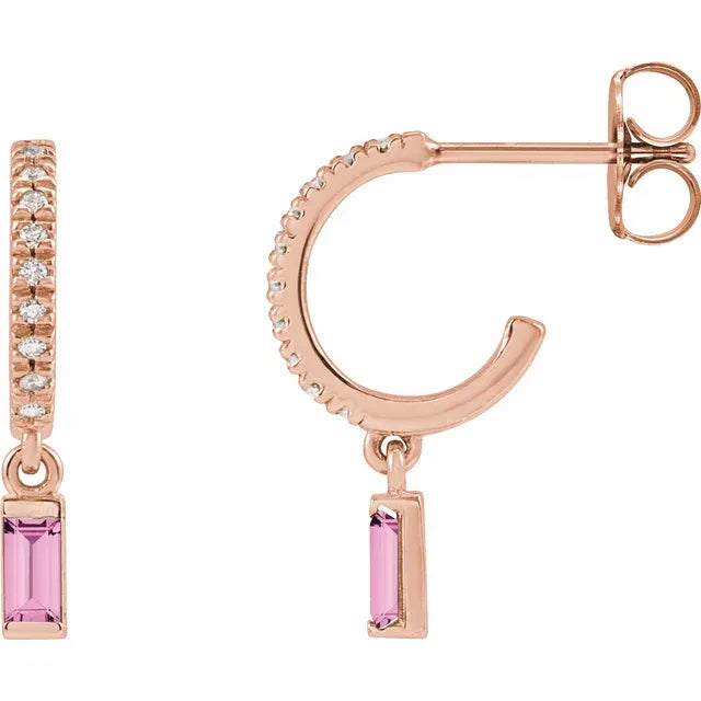 Rose Gold Natural Pink Sapphire & Natural Diamond French-Set Birthstone Hoop Earrings 