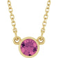 Yellow Gold Natural Pink Tourmaline Bezel Set birthstone Solitaire Necklace 
