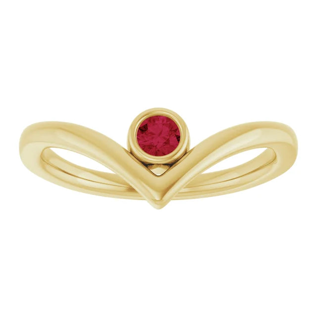 Yellow Gold Natural Ruby Bezel-Set Birthstone V Ring