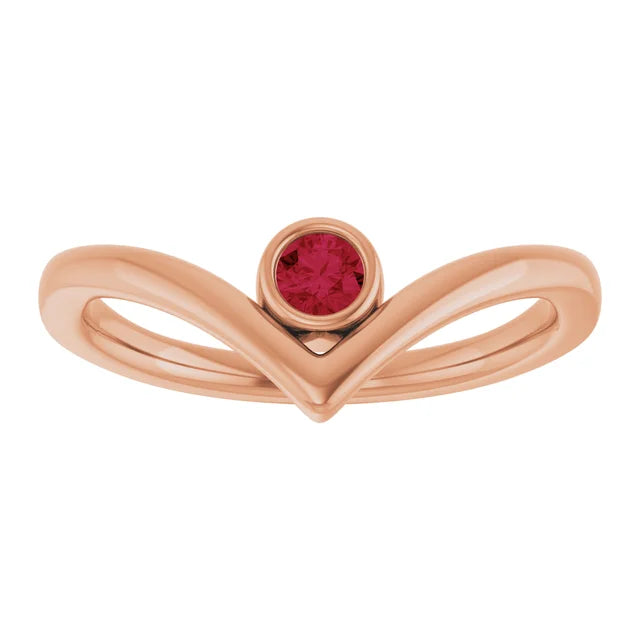 Rose Gold Natural Ruby Bezel-Set Birthstone V Ring