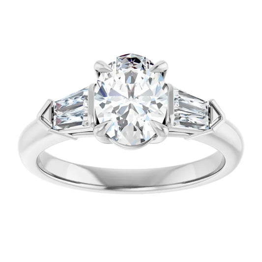 3-Stone Oval and Baguette Diamond Engagement  Ring Set in white gold or platinum 
