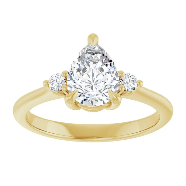 1 CT Pear & Round 3-Stones Diamond engagement Ring Set in Yellow Gold