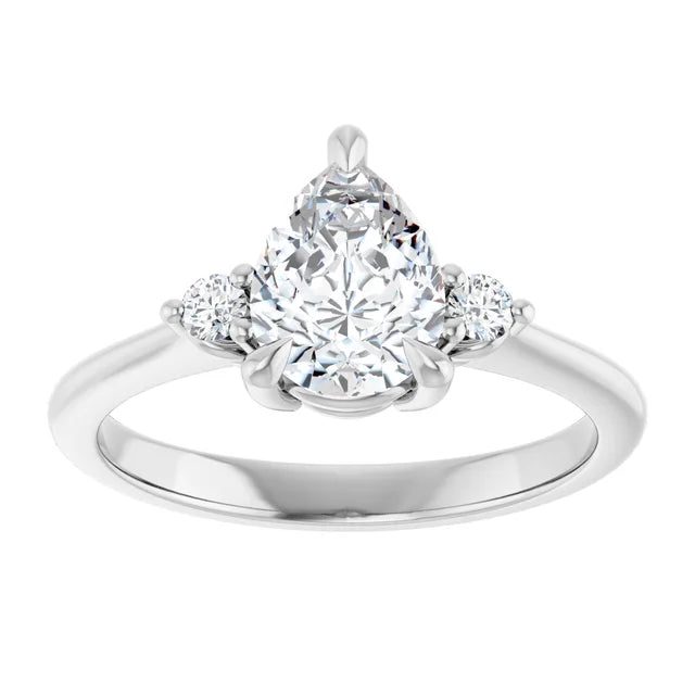 1 CT Pear & Round 3-Stones Diamond engagement Ring Set in white gold or platinum 