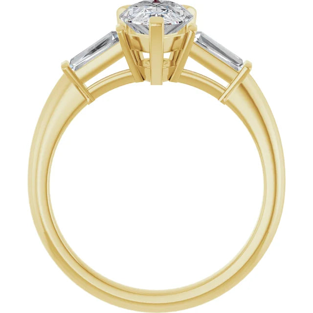 1 CT 3-Stone Pear & tapered Baguette Diamond Engagement  Ring 