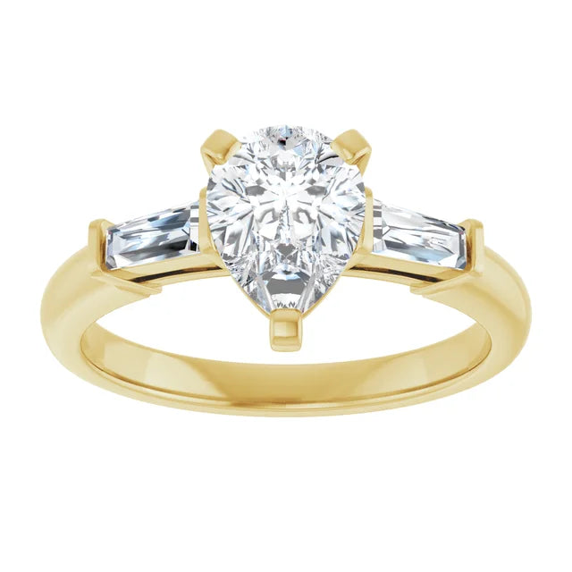 1 CT 3-Stone Pear & tapered Baguette Diamond Engagement  Ring Set in Yellow Gold