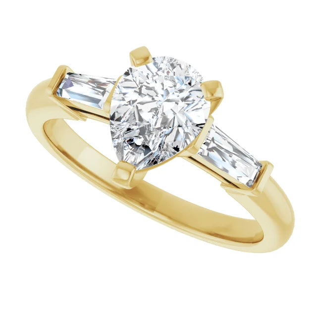 Sideway Picture for 1 CT 3-Stone Pear & tapered Baguette Diamond Engagement  Ring Set in Yellow gold
