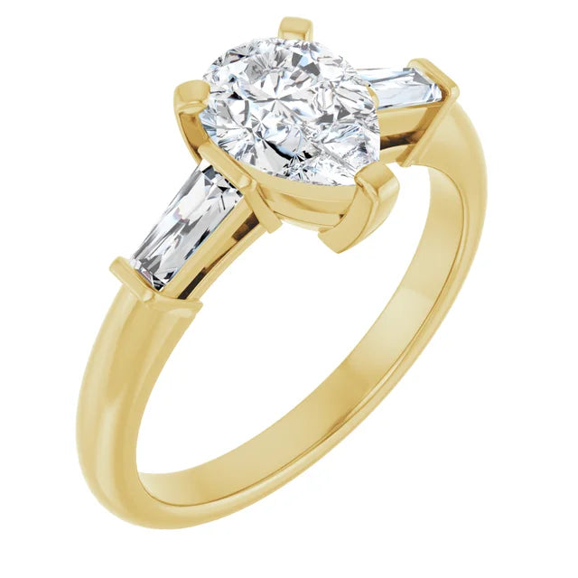 Side Pic for 1 CT 3-Stone Pear & tapered Baguette Diamond Engagement  Ring Set in Yellow Gold