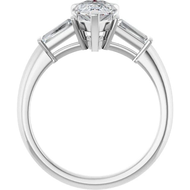 1 CT 3-Stone Pear & tapered Baguette Diamond Engagement  Ring Set in white gold or platinum showing under gallery 
