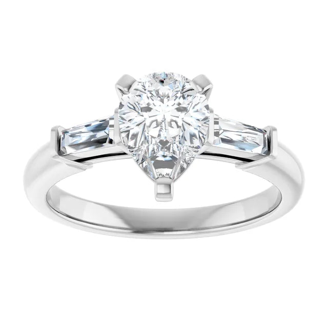 1 CT 3-Stone Pear & tapered Baguette Diamond Engagement  Ring Set in White Gold or platinum 
