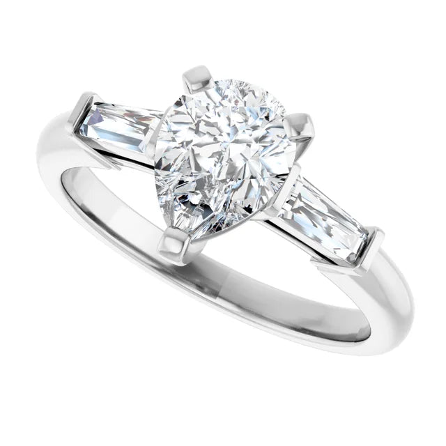 Sideway Picture for 1 CT 3-Stone Pear & tapered Baguette Diamond Engagement  Ring Set in white gold or platinum 
