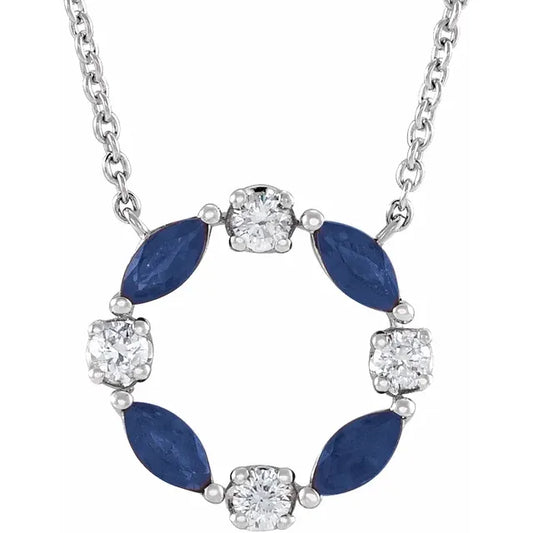 14K white gold open circle pendant necklace with alternating blue sapphires and natural diamonds
