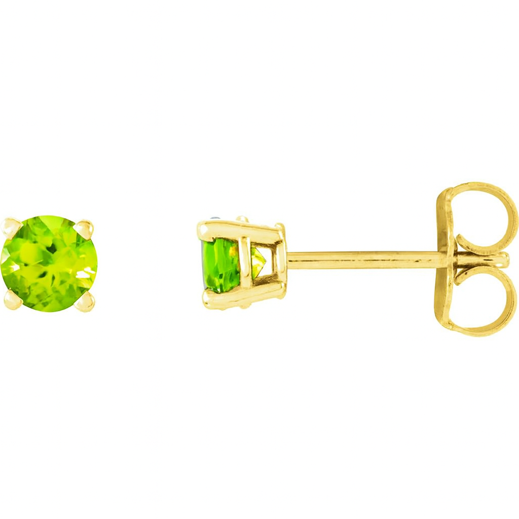 14K yellow gold stud earrings featuring vibrant round-cut peridot gemstones in a four-prong setting, shown from both front and side angles on a white background.